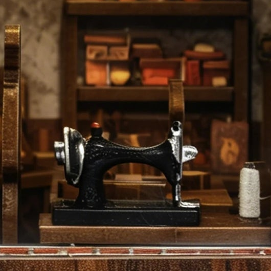 A miniature sewing machine beside the side window