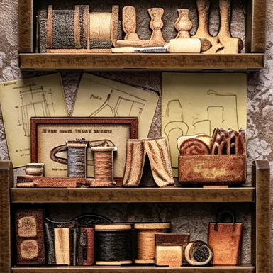 Shelves of spools, small bags and design sketches