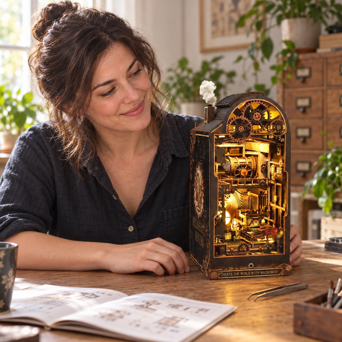 An adult maker enjoying the completed Mechanical Rhythm miniature at her table, with its full gear roof and workshop interior visible.