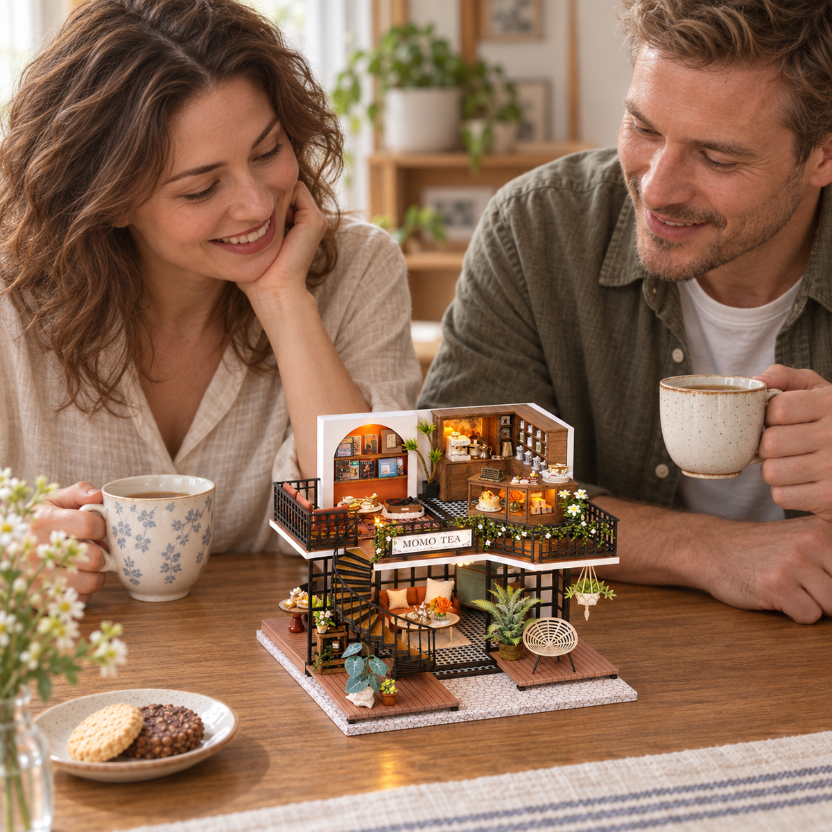 Two adults sharing tea beside a completed MOMO Tea miniature cafe; generated display illustration