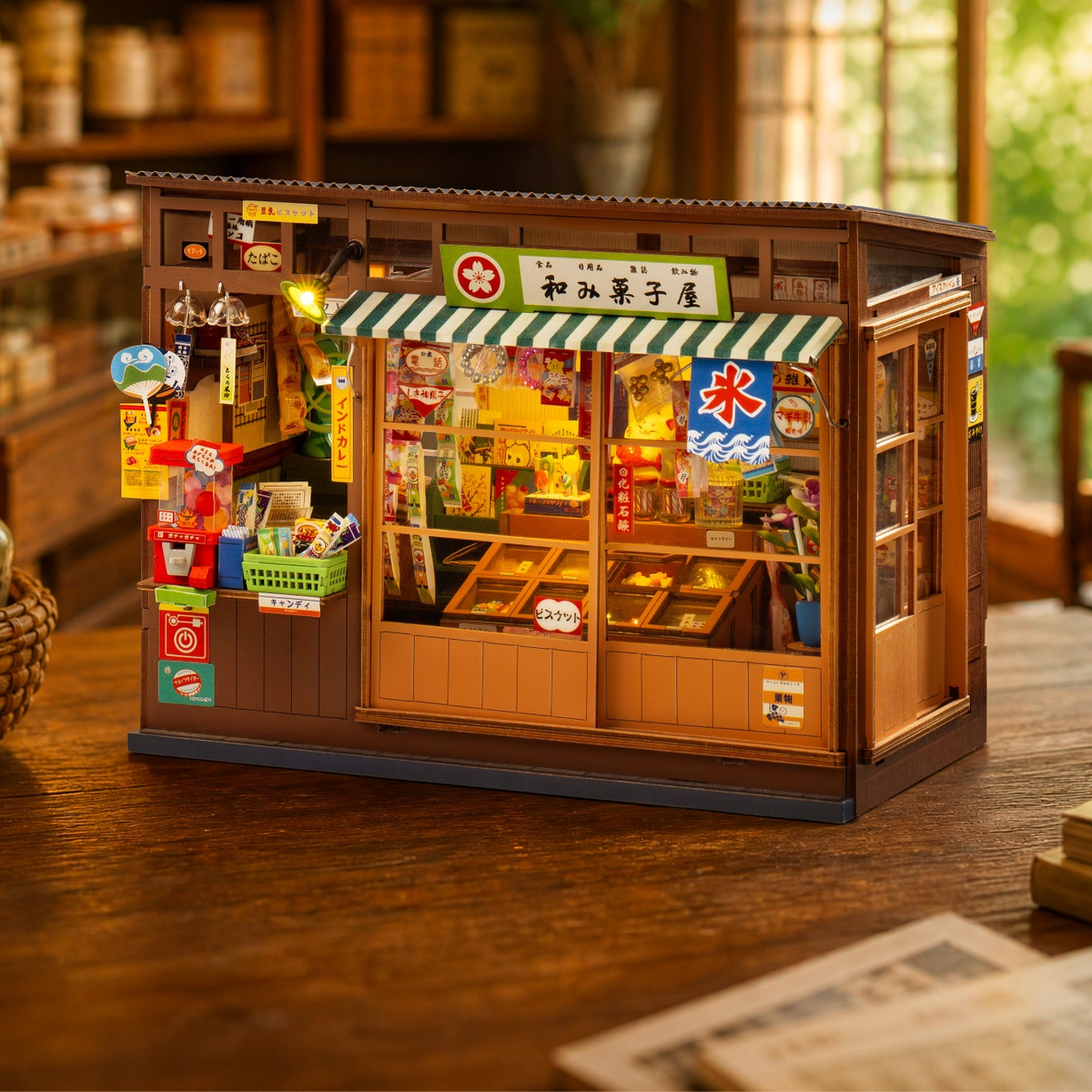 Completed Nostalgic Corner Shop in the original styled tabletop setting; surrounding room and props are not kit contents