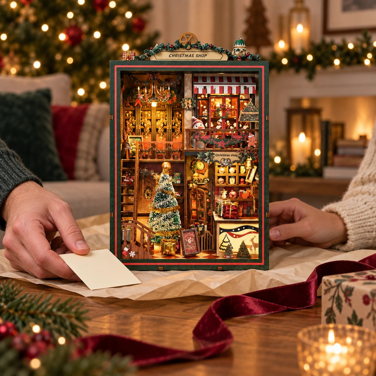 Christmas Shop miniature given as a handmade Christmas gift on opened wrapping paper
