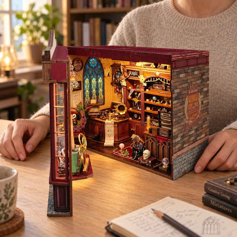 Finished Magic Boutique miniature with the complete shopfront opened beside the maker’s hands