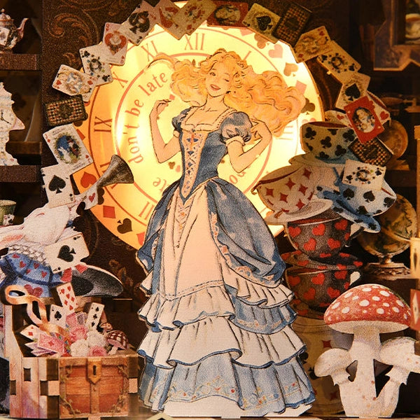 Alice before a glowing clock face