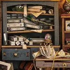Tiny books and paper scrolls filling the cabinet