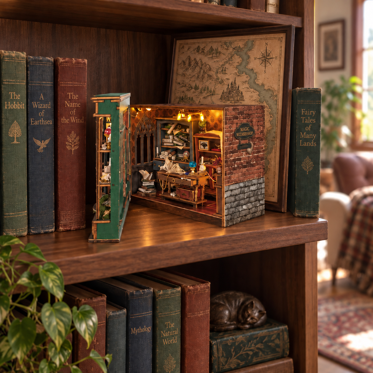 The completed Retro Magic Shop unfolded on a reader’s bookshelf beside fantasy novels and a map print.