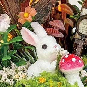 A white rabbit in the woodland garden
