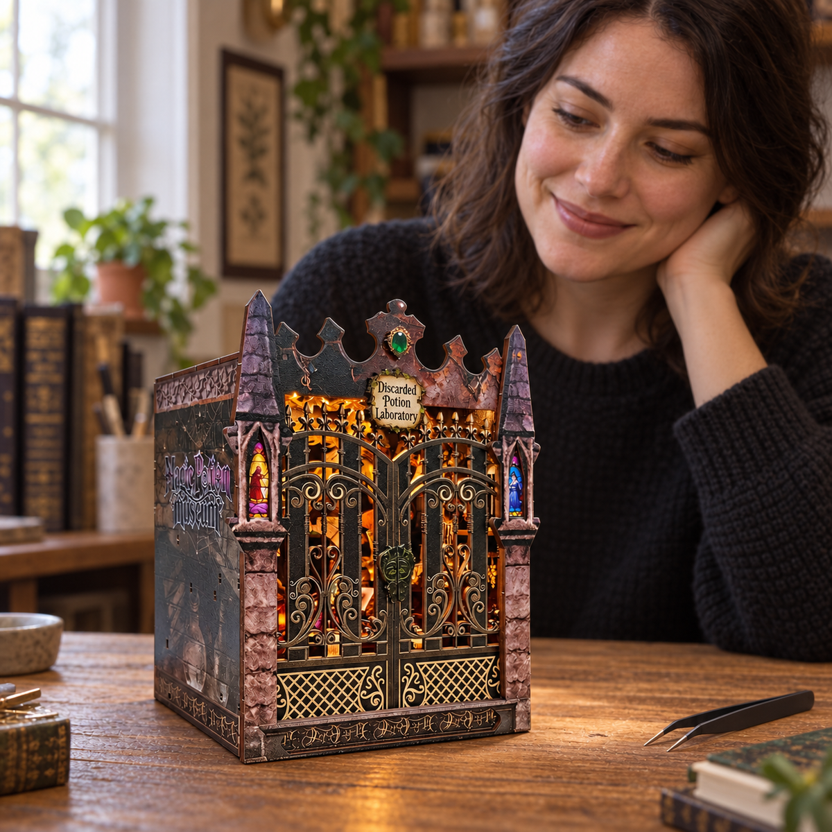 Illustrative finished Twilight Potion wooden book nook displayed on a craft table beside its maker