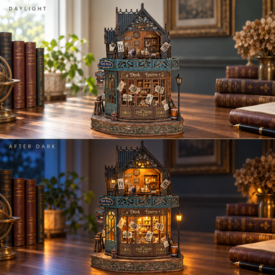 Twilight Tavern miniature in daylight with lights off and after dark with warm lighting on
