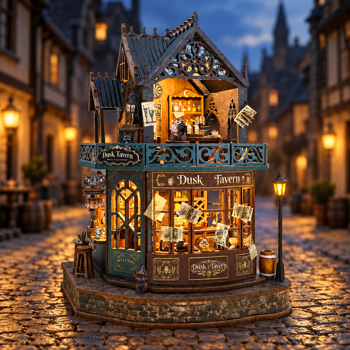 Twilight Tavern wooden DIY miniature with teal balcony, Gothic roof and warm-lit windows at dusk