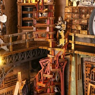 A staircase winding through the warehouse