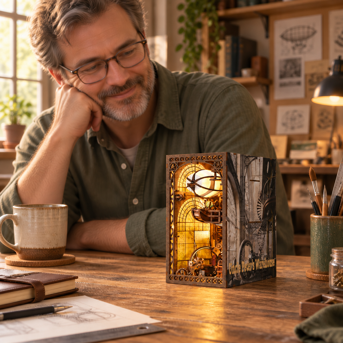 An adult maker admiring the completed Uncle Peter's Warehouse steampunk book nook on a wooden workbench.