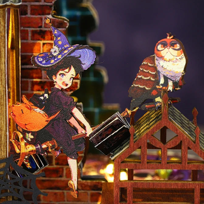 A witch and an owl above the rooftops