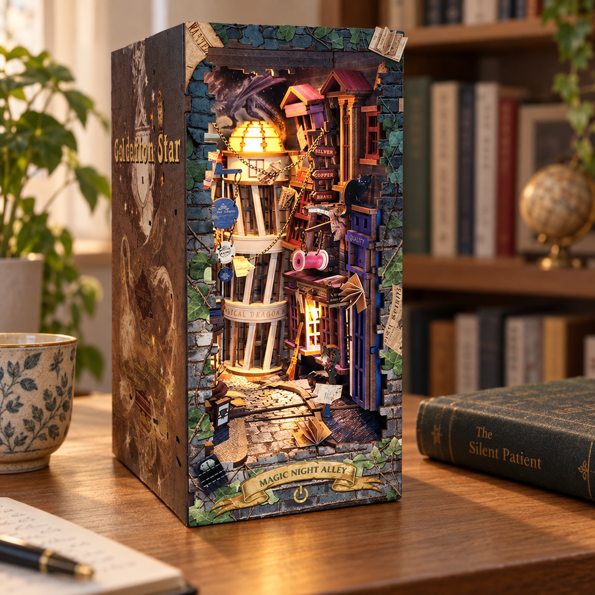 Complete Magic Night Alley book nook shown at a three-quarter angle on a reading-room desk