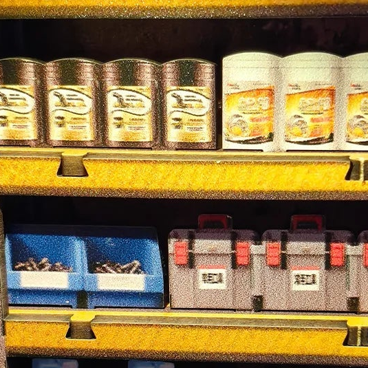 Supplies lined up on yellow shelves
