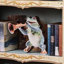 A tiny bookseller with a trumpet