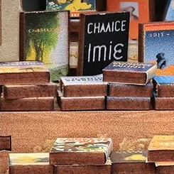 Books stacked for browsing