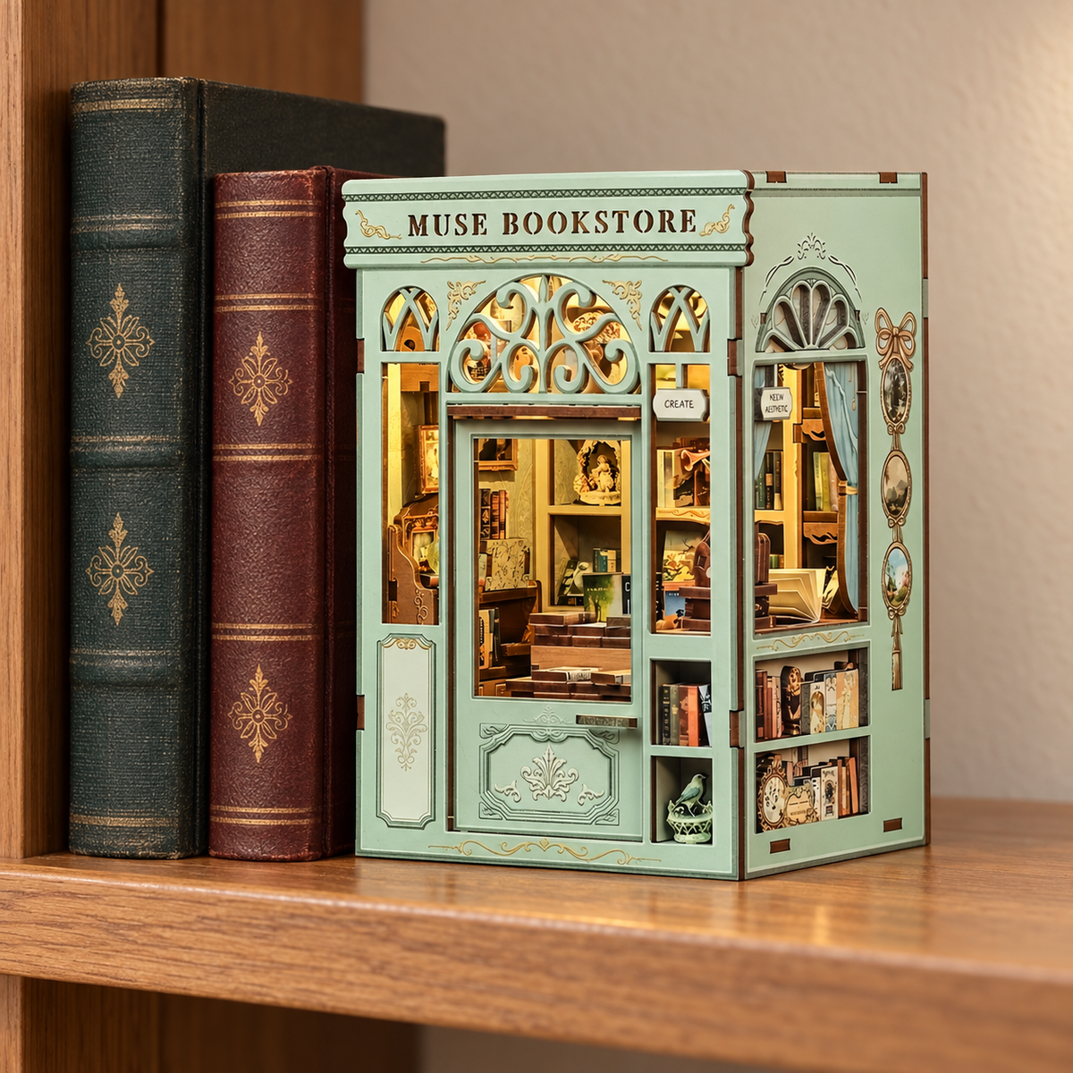 Completed Muse Bookstore displayed on a wooden shelf beside real books