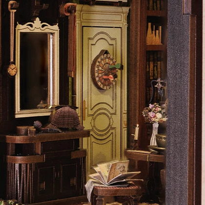 A detective’s hat beneath the framed mirror