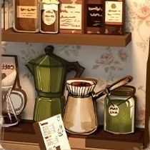 A green moka pot and a shelf of jars