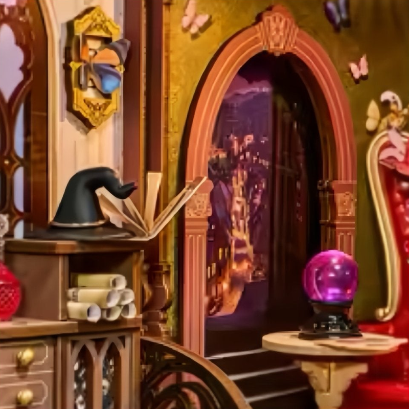 An arched view beside a shelf of scrolls