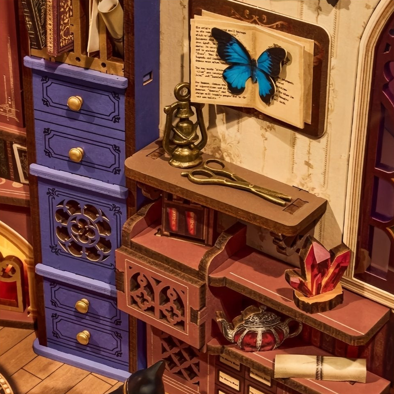A blue butterfly above a tiny workbench