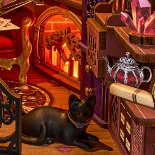 A black cat beside the glowing hearth