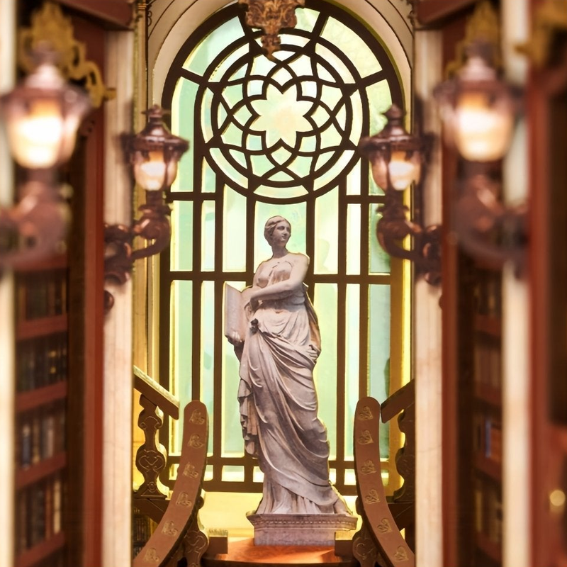 A classical figure beneath the arched window