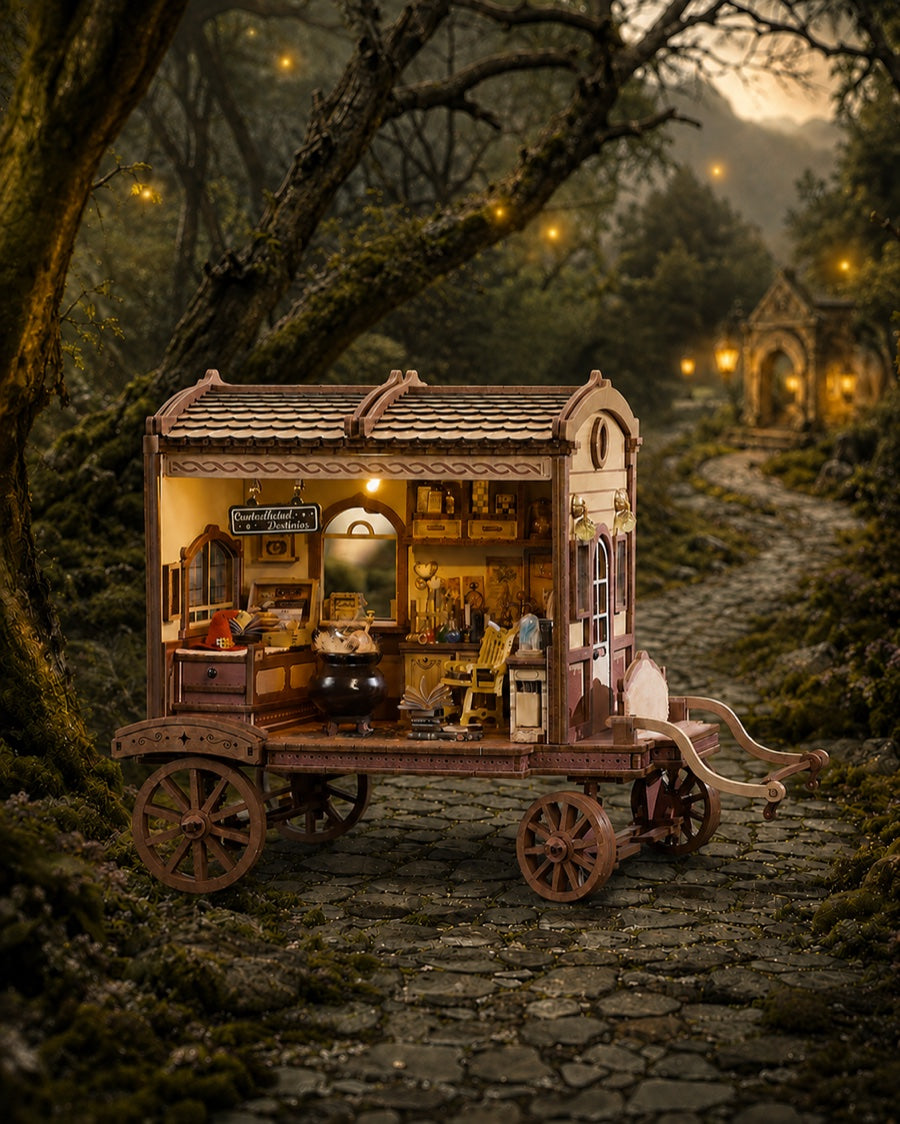 Wooden miniature wagon on an imaginative woodland cobblestone path