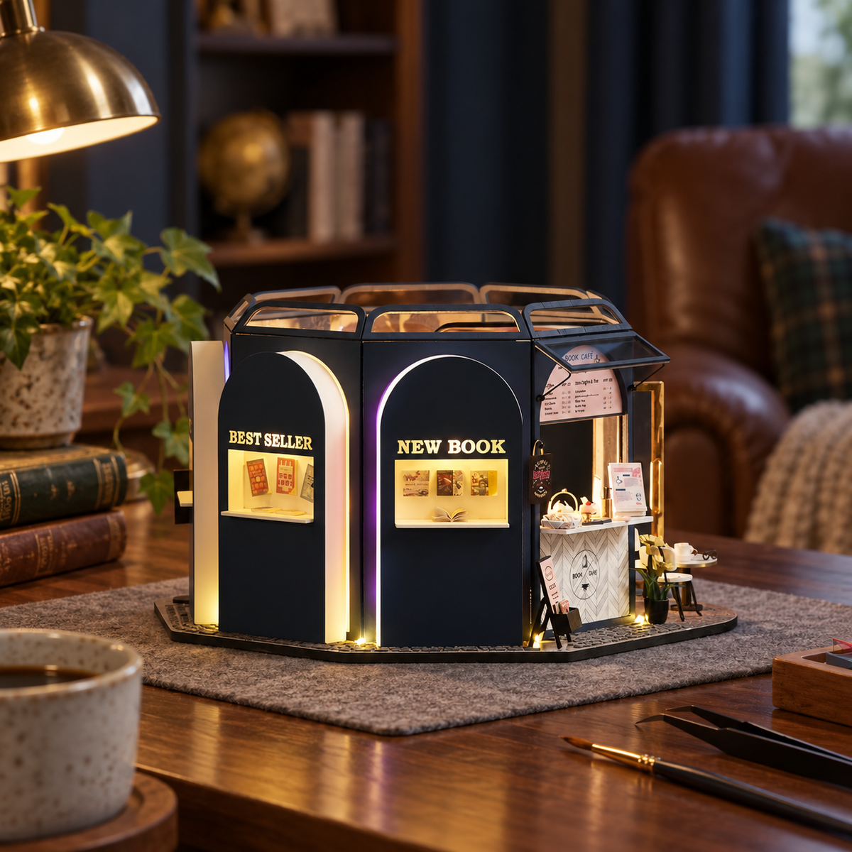 Book Cafe miniature kit on a home craft table