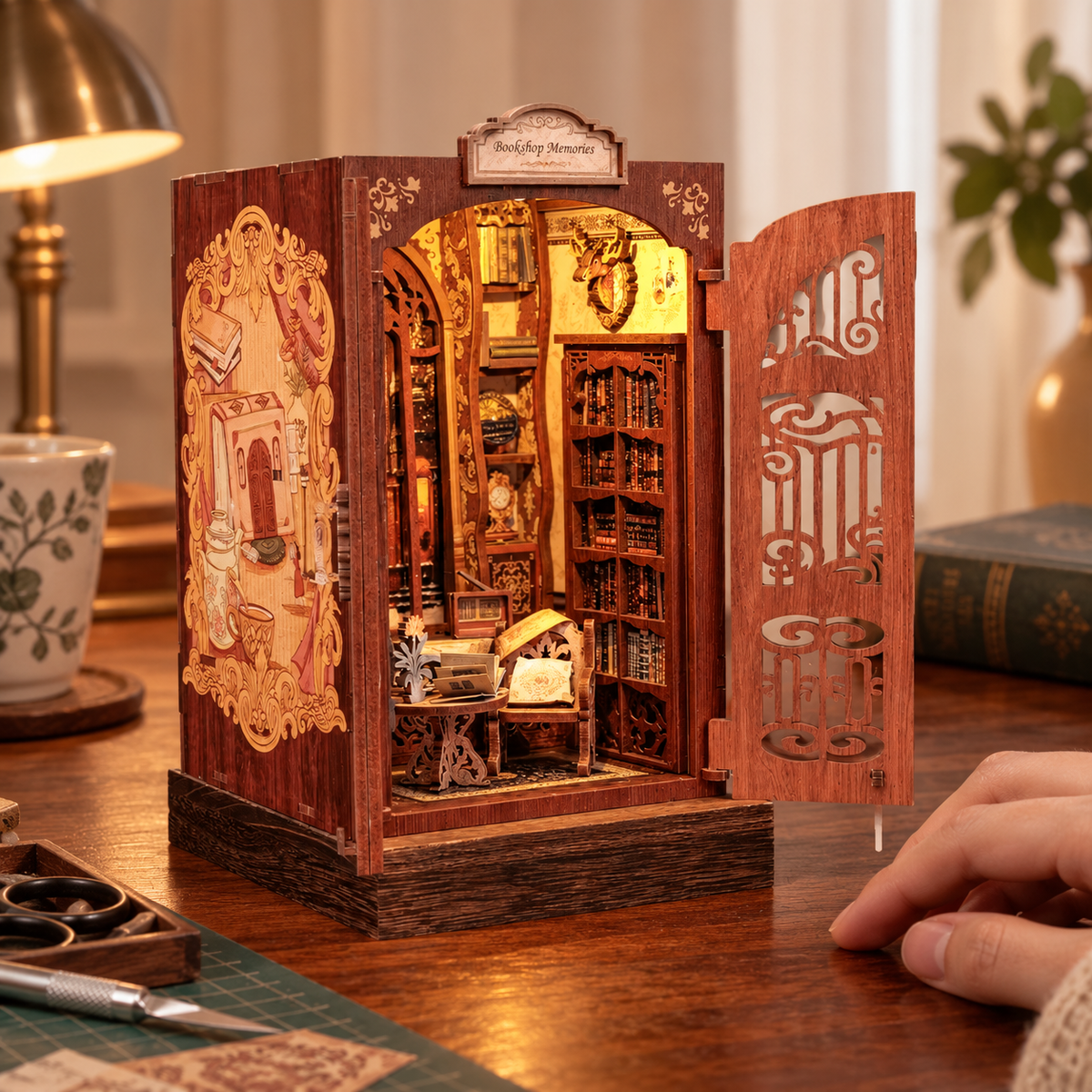 Bookshop Memories miniature kit on a home craft table