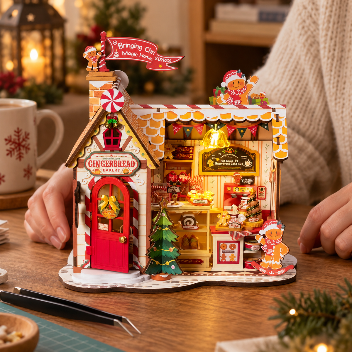 Christmas Gingerbread House miniature kit on a home craft table