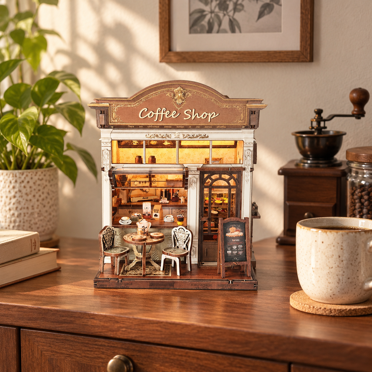 coffee shop — a finished miniature in a personal home setting