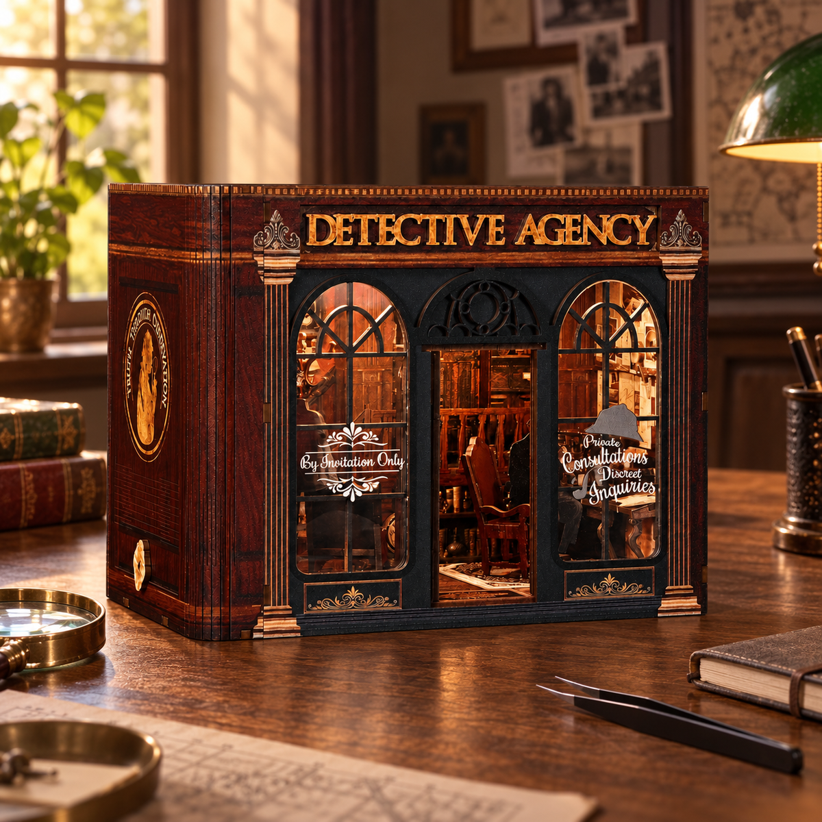 Detective Agency miniature kit on a home craft table