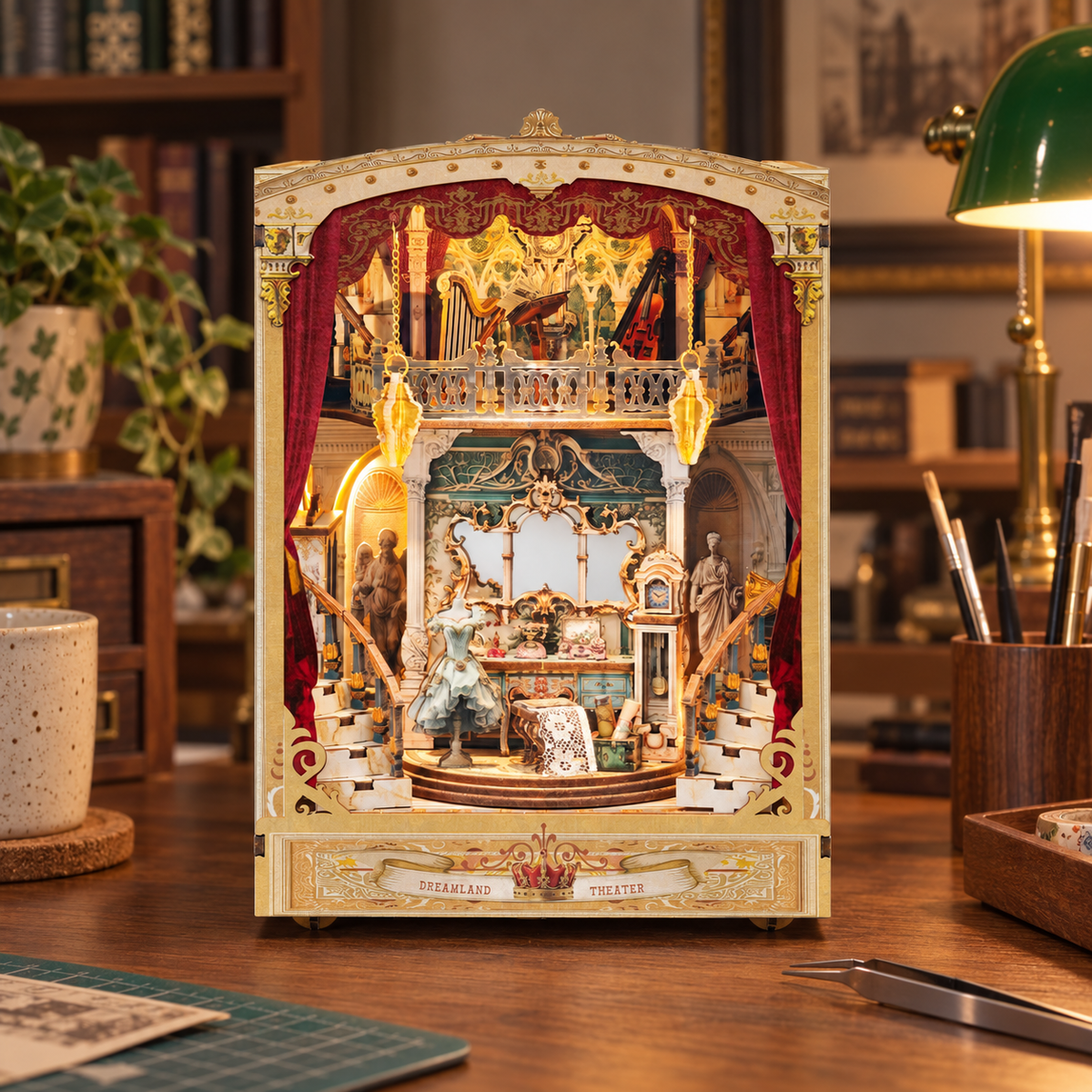 Dreamland Theater miniature kit on a home craft table