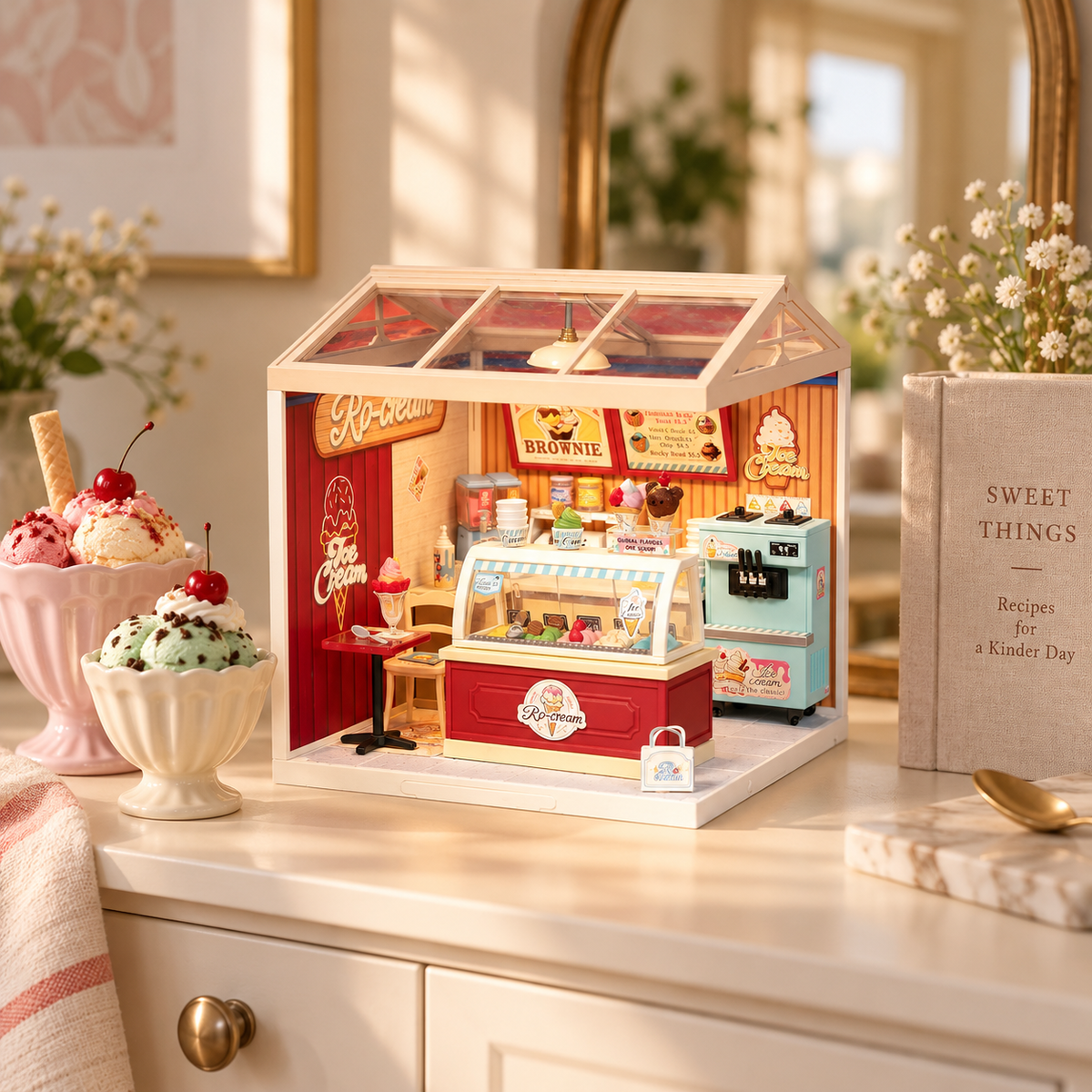 flavorful ice cream shop — completed miniature displayed in a home setting