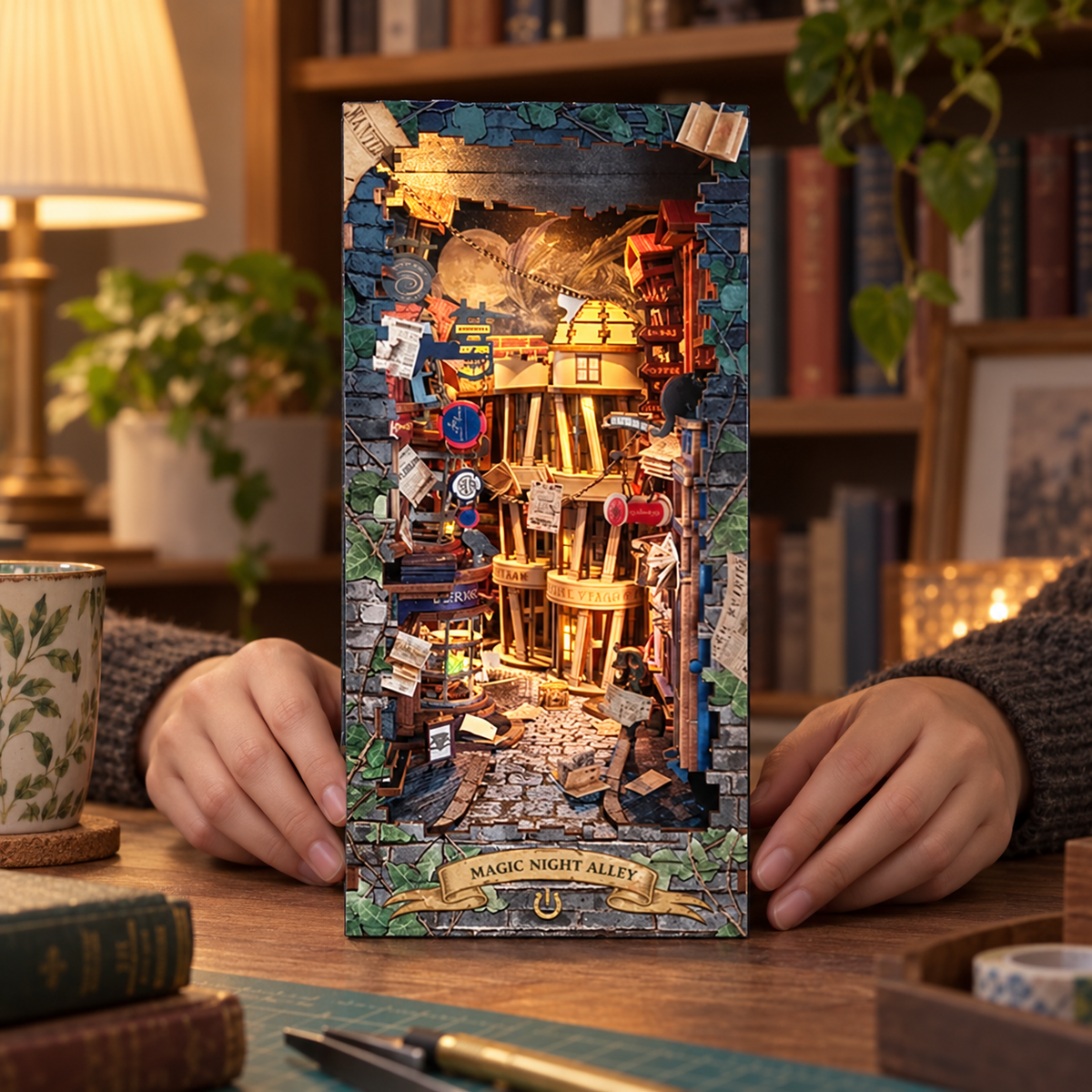 Magic Night Alley miniature kit on a home craft table