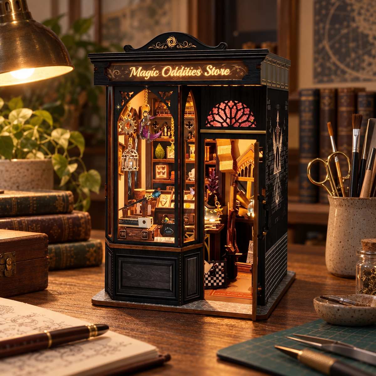 Magic Oddities Store miniature kit on a home craft table