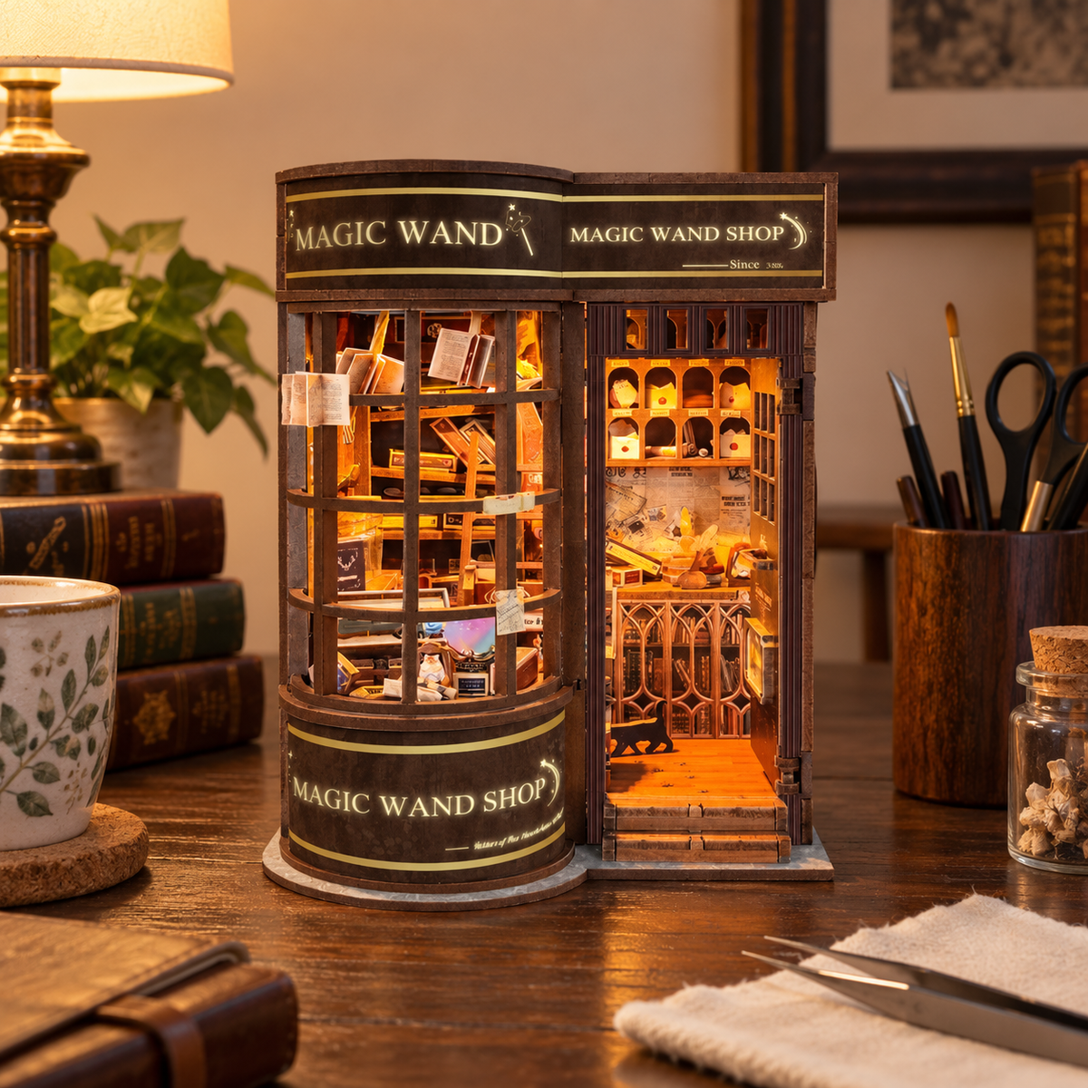 Magic Wand Shop miniature kit on a home craft table