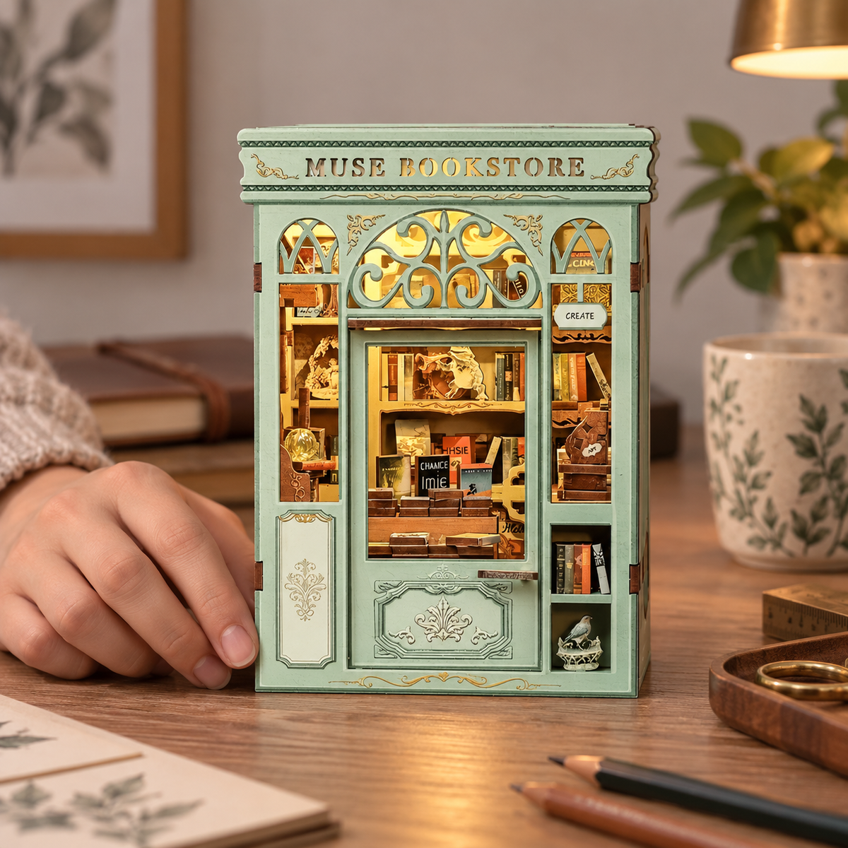 Muse Bookstore miniature kit on a home craft table