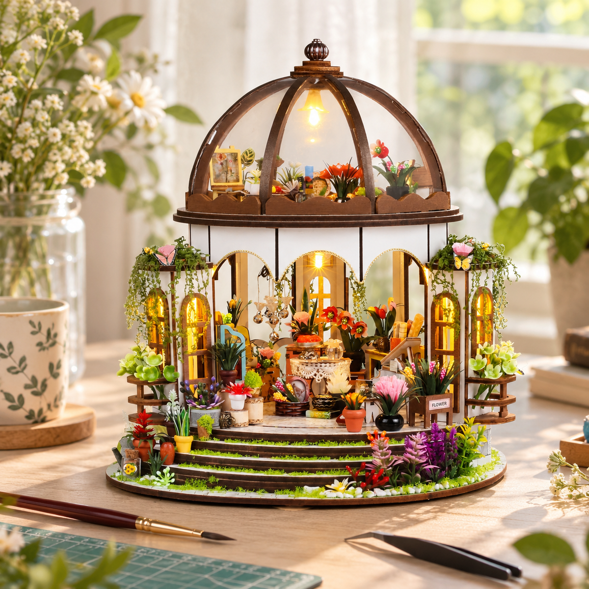 Hanging Garden miniature kit on a home craft table
