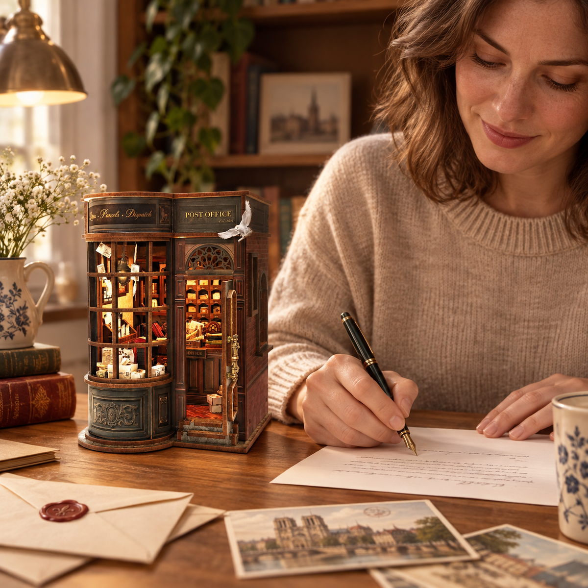 A letter writer enjoying her finished Night Owl Courier miniature post office at home