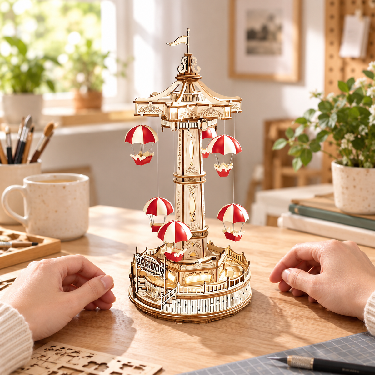 Parachute Tower miniature kit on a home craft table