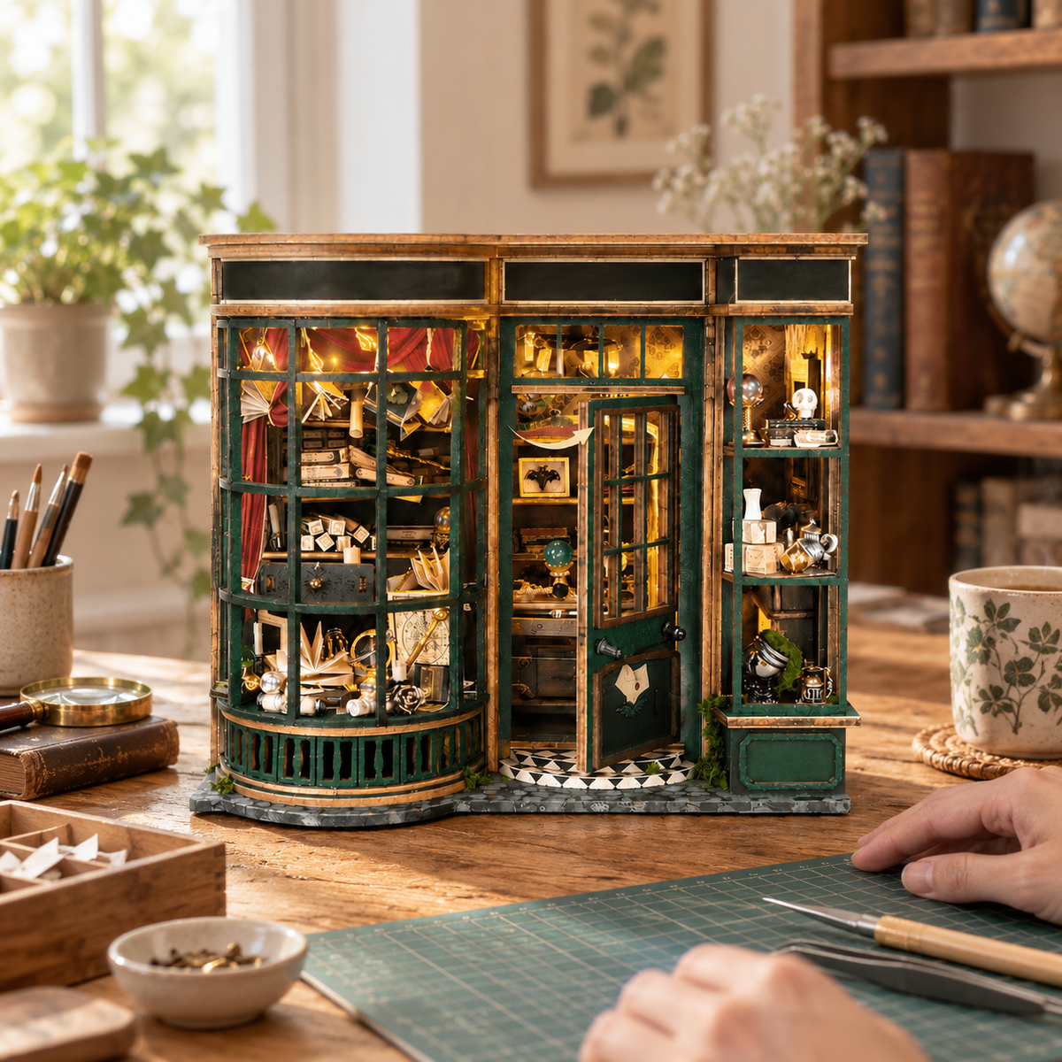Retro Magic Shop miniature kit on a home craft table