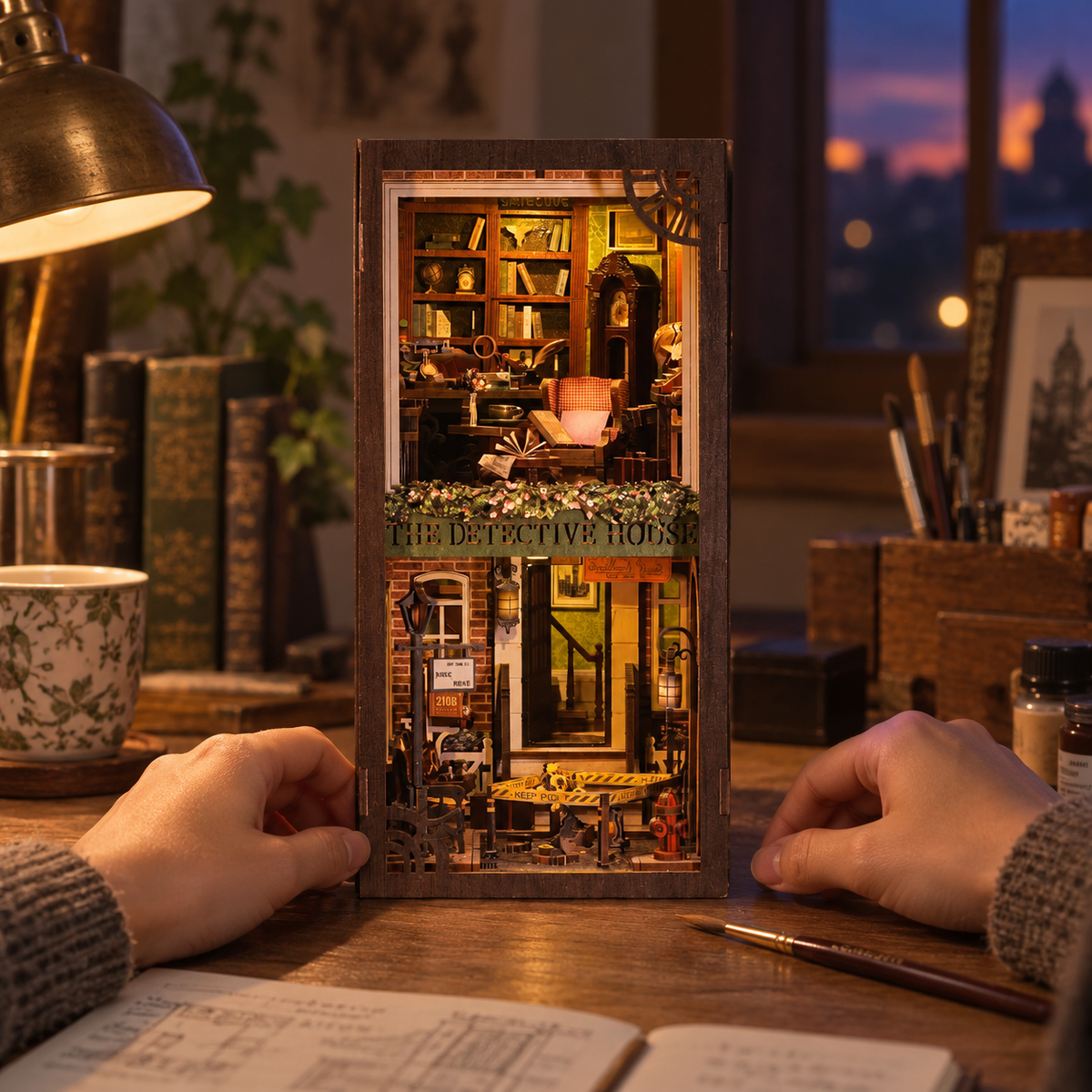 Rose Detective Agency miniature kit on a home craft table