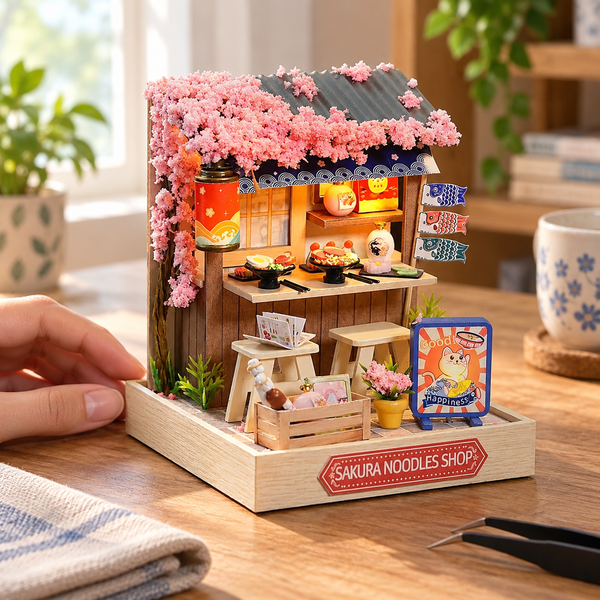 Sakura Noodles Shop miniature kit on a home craft table