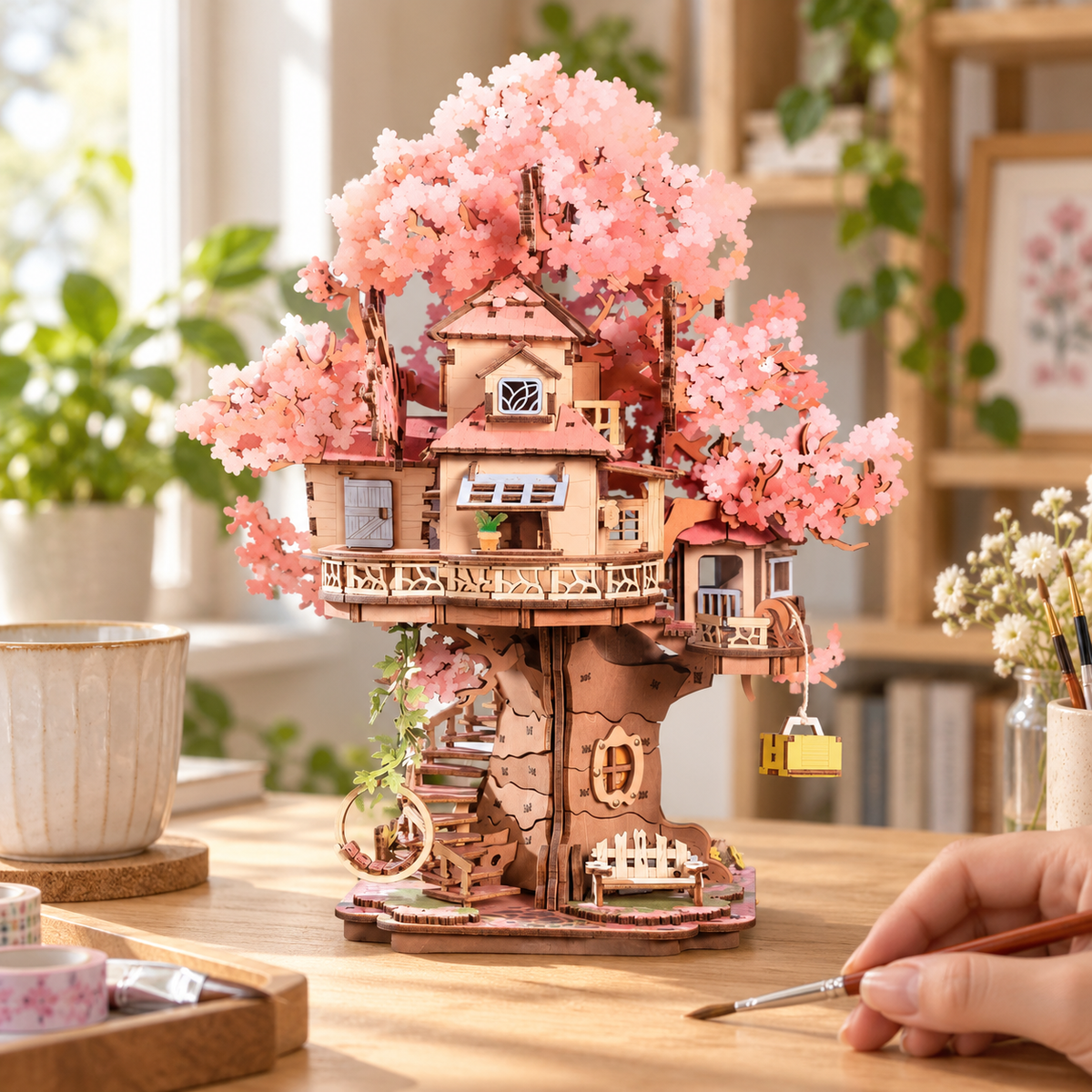 Sakura Tree House miniature kit on a home craft table