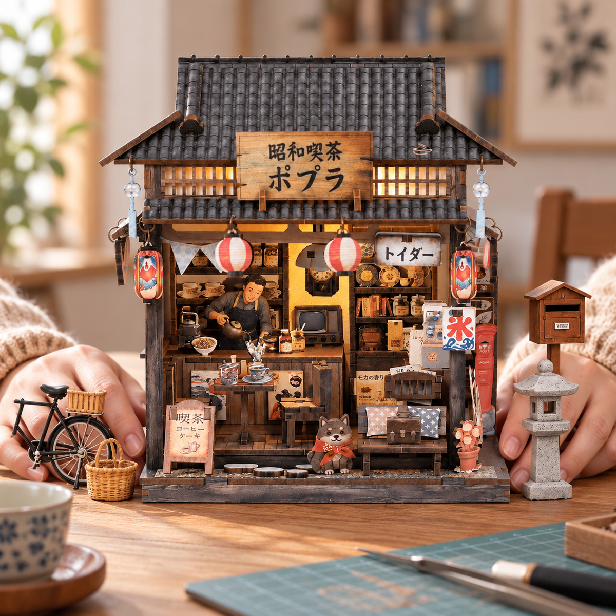Showa Teahouse miniature kit on a home craft table