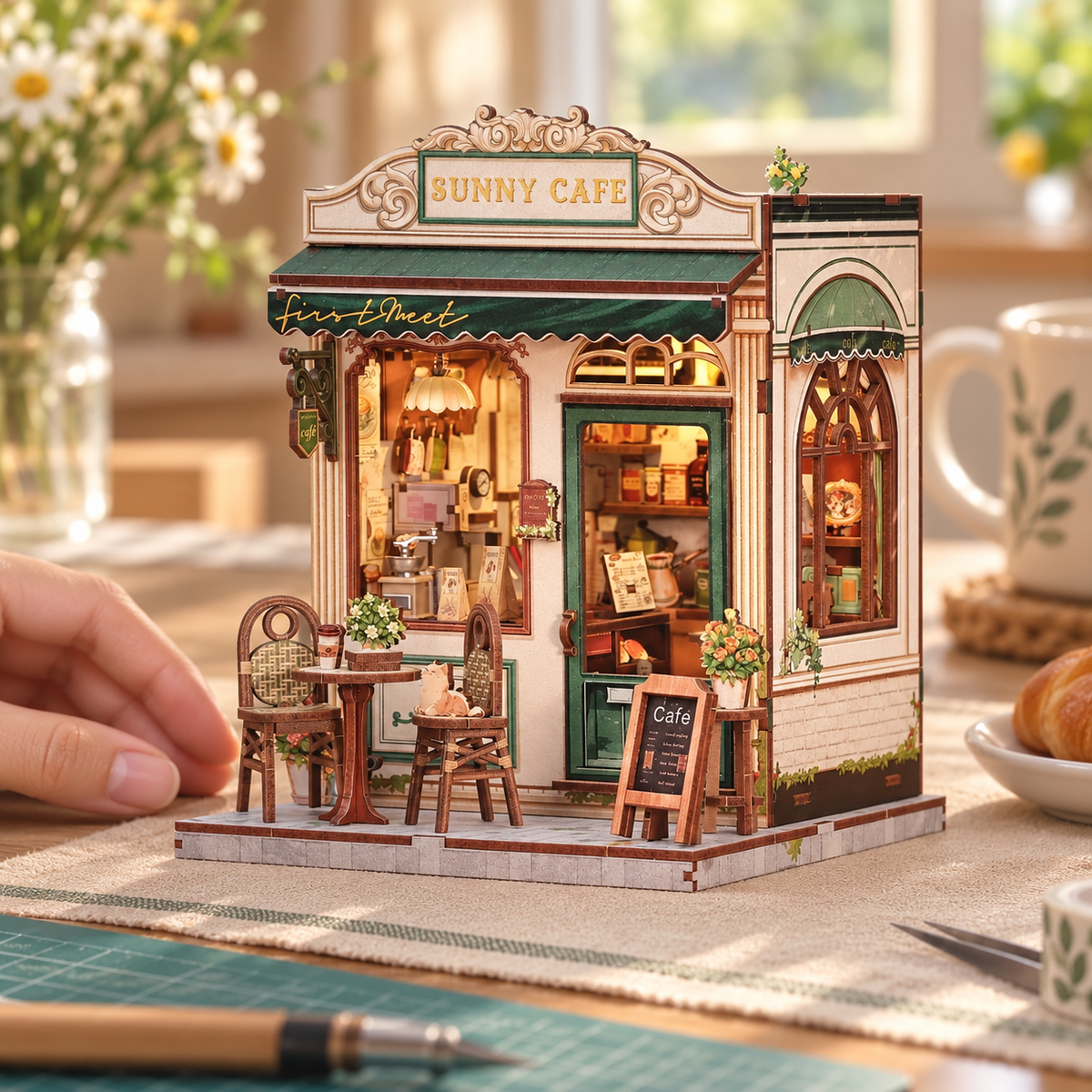 Sunny Cafe miniature kit on a home craft table