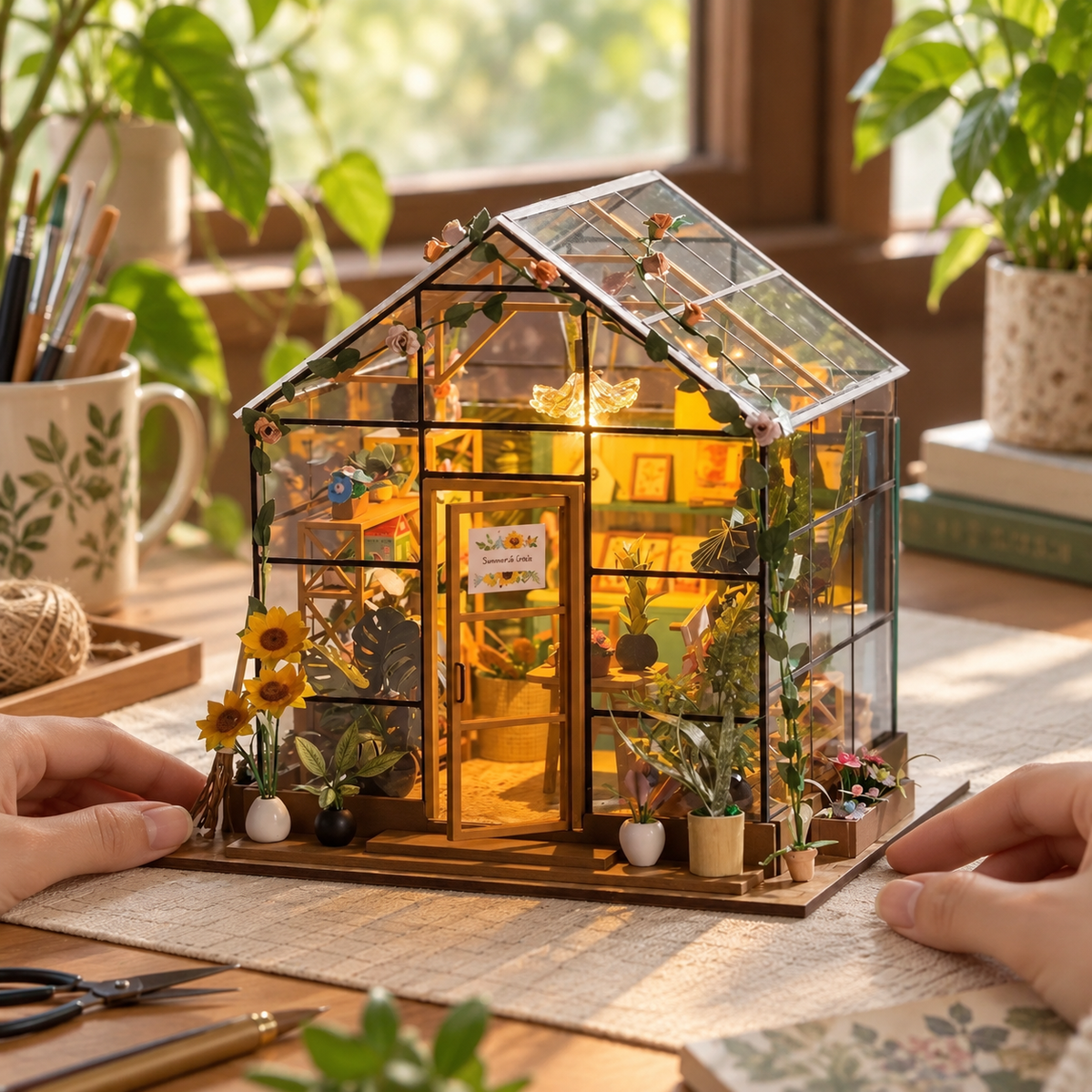 Sunshine Flower House miniature kit on a home craft table